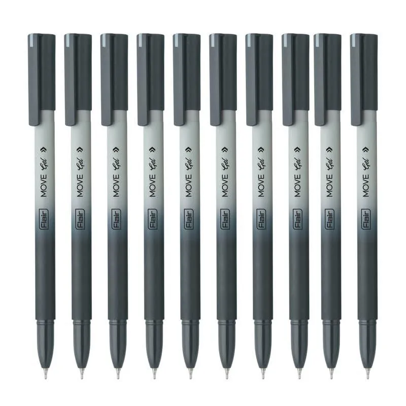 FLAIR Move Gel Pen | Minimalistic & Aesthetic Matt Finish Pastel Body Colors | Effortless Writing With Sleek Clip Design | Set Of 10PCS (Black)