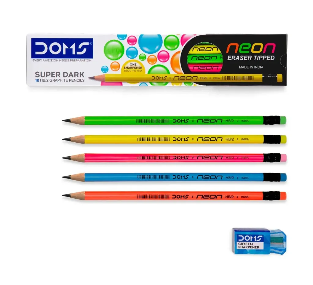 DOMS Neon Rubber Tipped HB/2 Graphite Pencils Box Pack | Non-Toxic | Free Sharpner Inside The Box | Easy & Smooth Sharpening | Pack Of 10 Pencils