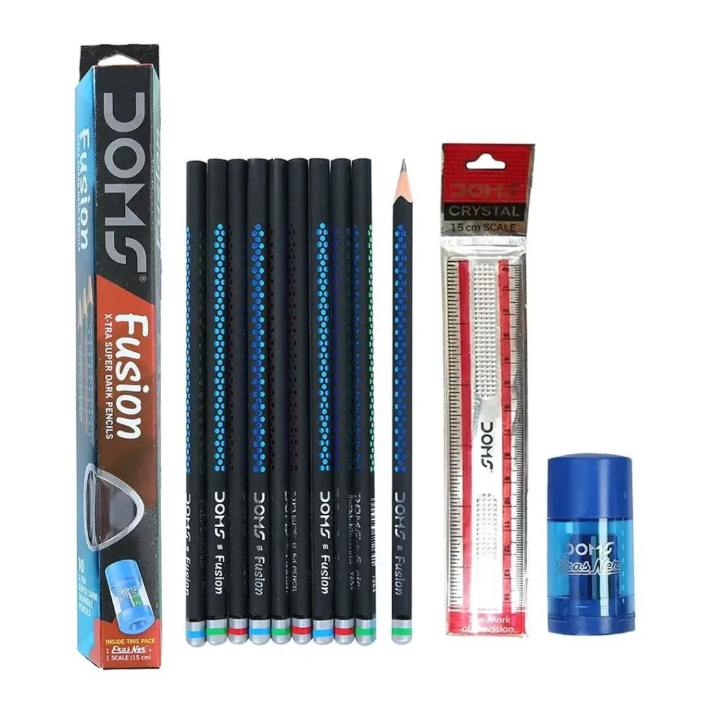Doms Fusion Xtra Super Dark Pencil Box Pack | Dark & Neat Writing Which Stays Longer | Smooth Sharpning & With Soft | Free Scale & eraser (pack of 10)