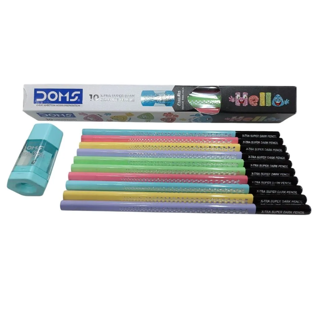 Doms Hello X-Tra Dark Pencil (pastel Shades) with Free Eraser (Erase + Sharp), Black pack of 10pcs