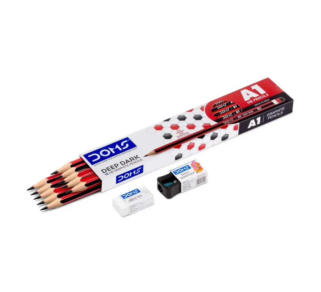 Doms A1 Deep Dark HB Graphite Pencil | Include Eraser & Sharpener | 10 Pencils | Use for Sketching & Drawing | pack of 10 pencils