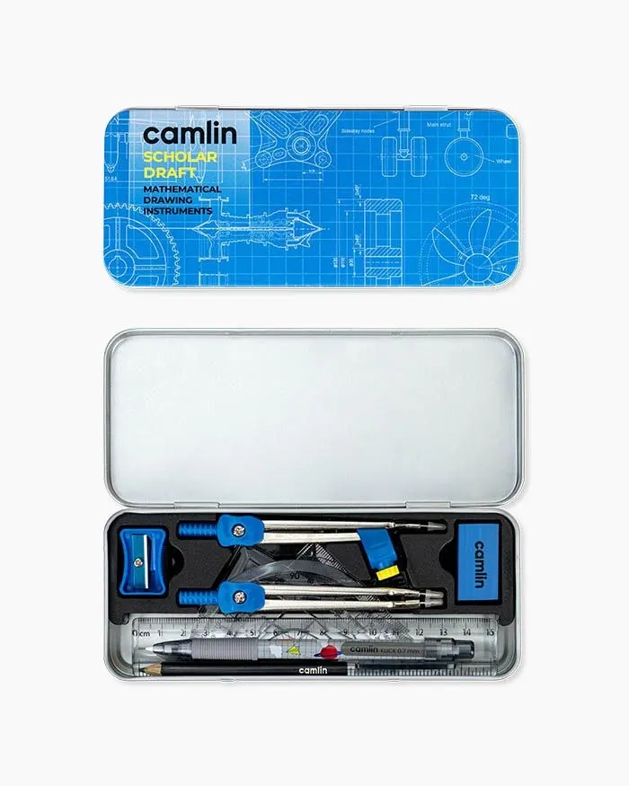 Camel Scholar Draft Geometry Box – Premium 12-Piece Technical Drawing Set in Sturdy Metal Case for School & Professional Use