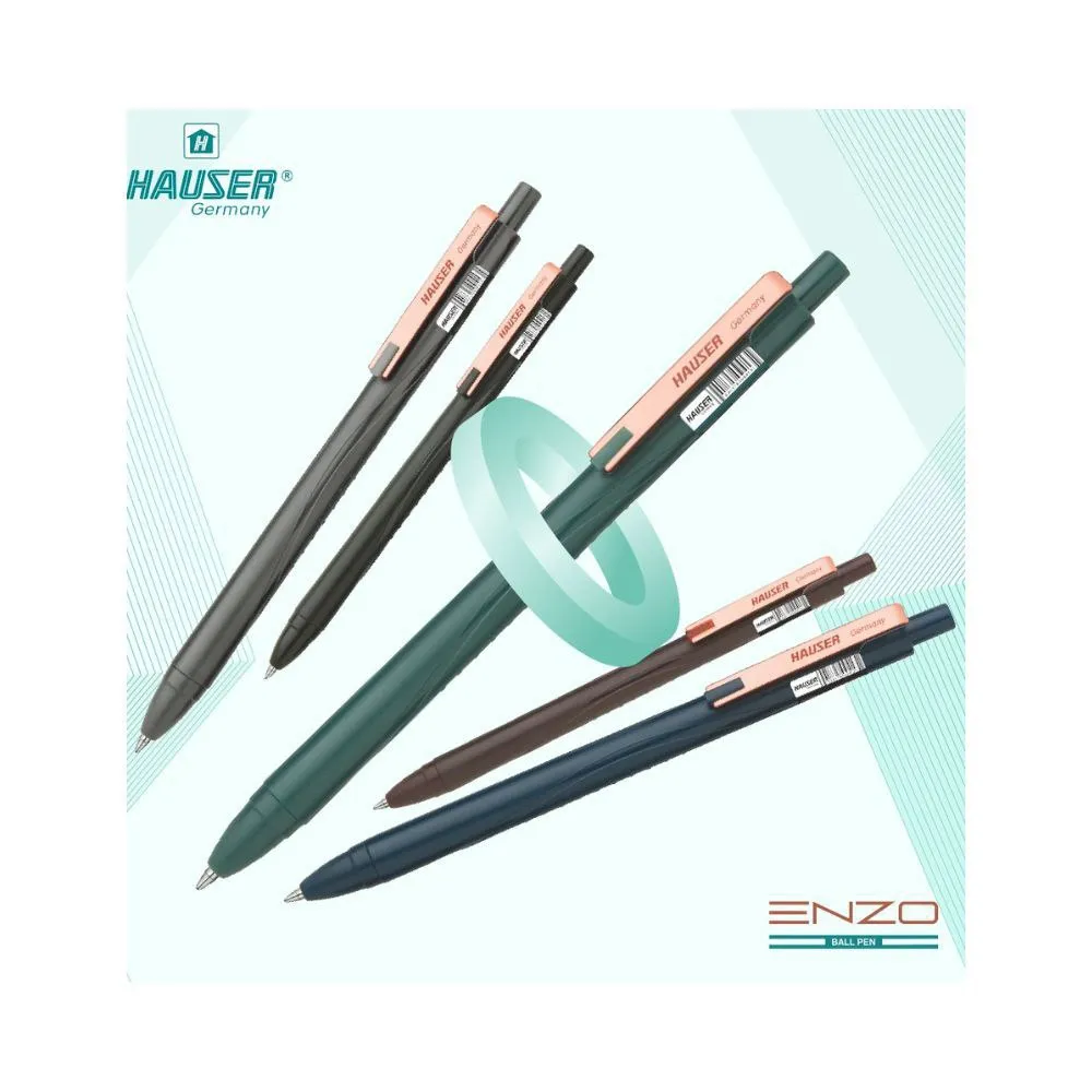 Hauser Germany Enzo Retractable Medium Tip Ball Pen | Ergonomic Body With Copper Color Pocket Clip | Pack Of 5 - Body Color May Vary